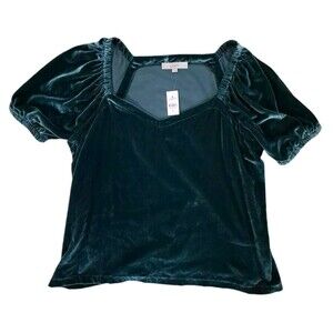 New LOFT Top Women's XL Green Velvet Puff Short Sleeve Holiday Christmas Party